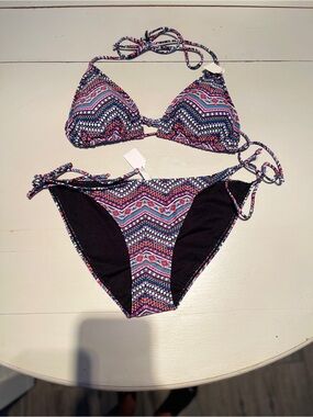 Printed Triangle Bikini Set - Pink & Blue Pattern